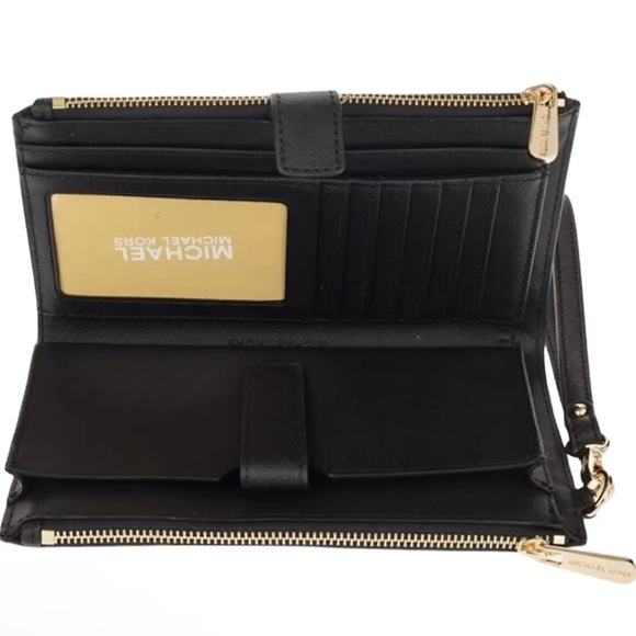 Michael Kors Jet Set Travel Large Double Zip Wallet Graphic Logo MK Beige Black - Picture 6 of 6